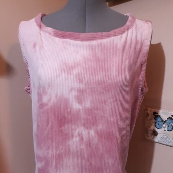 Tie dye Ribbed knit Tank Top Scoop neck Large sleeveless stretch knit t-shirt - Picture 2 of 5
